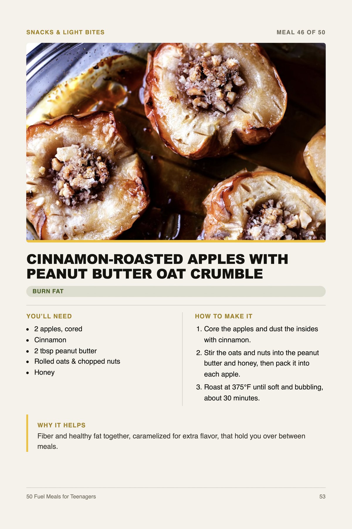 Sample recipe page: cinnamon-roasted apples with peanut butter oat crumble