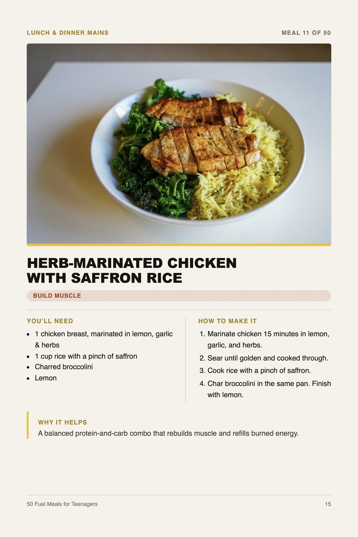 Sample recipe page: herb-marinated chicken with saffron rice